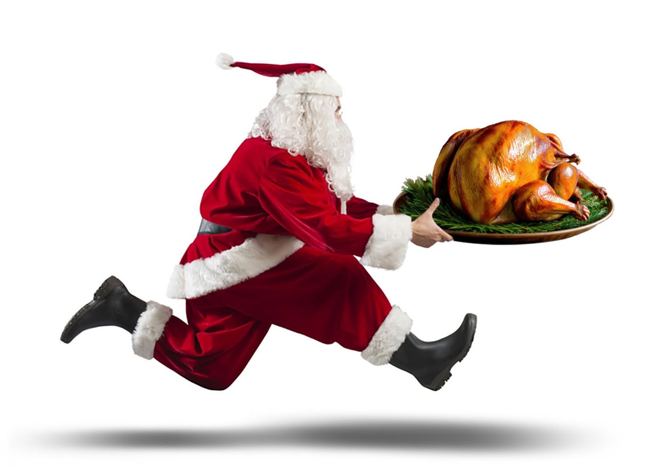 rennender Weihnachtsmann mit Gänsebraten