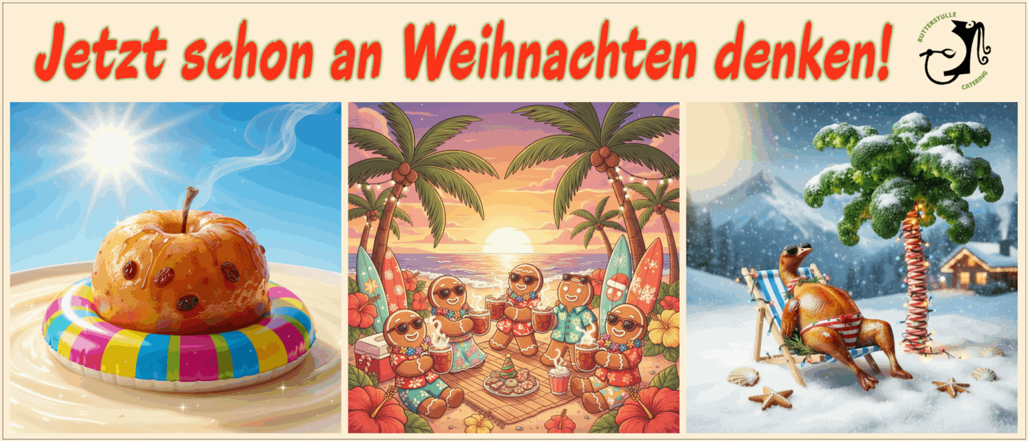 Jetzt schon an Weihnachten denken. Bratapfel in der Sommersonne, Lebkuchenmännchen am Strand, braun gebrutzelte Gans im Liegestuhl